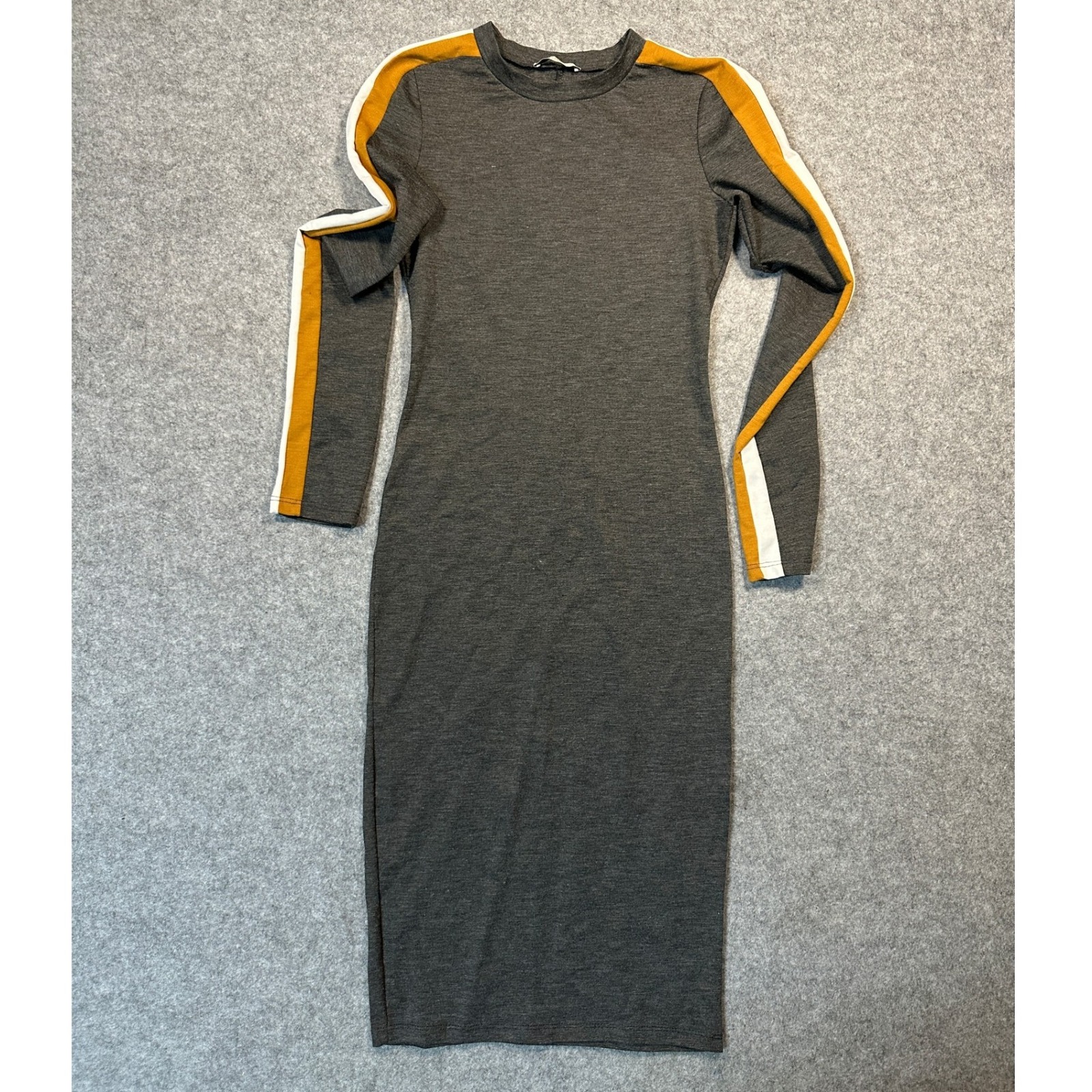 Zara Trafaluc Bodycon Midi Dress S Grey Orange White Side Stripe Long Sleeve